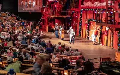 Audience enjoying Hatfield & McCoy Dinner Feud show with performers on stage in festive costumes under rustic set lights